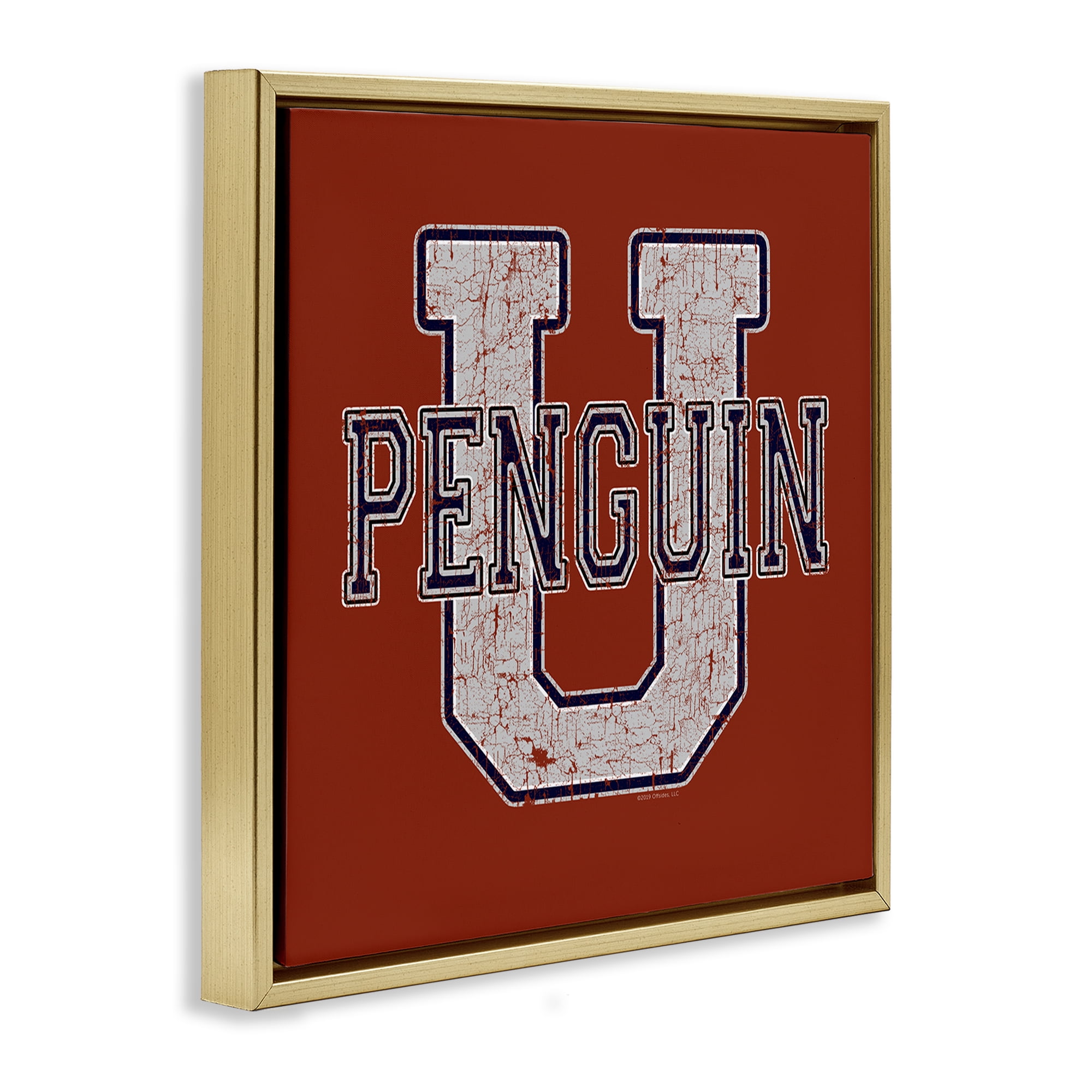 Stupell Industries Penguin U Varsity Animals Painting Gold Floater Framed Canvas Art Print Wall Art, 18 x 18