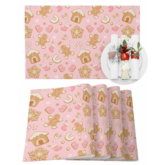 Christmas Placemats Set of 6, Gingerbread Man Snowflake Place Mats Glove Candy Cane Pink Placemat Table Decoration for Kitchen Table Dinner Xmas Holiday Party Home Decor Indoor Outdoor 13x19 Inch