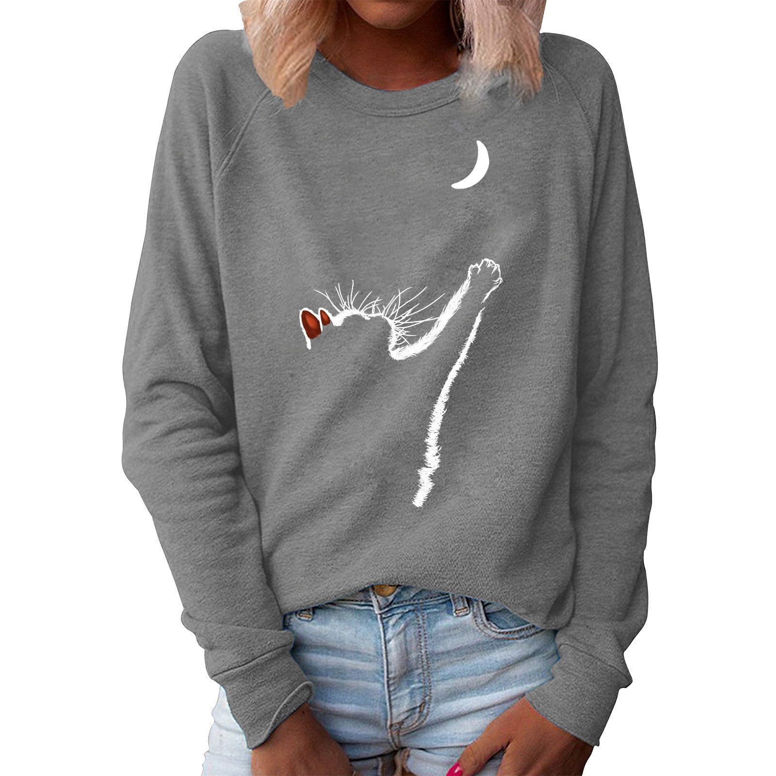 Women Casual Cat Print Long Sleeve O-Neck Sweatshirt Pullover Tops Blouse