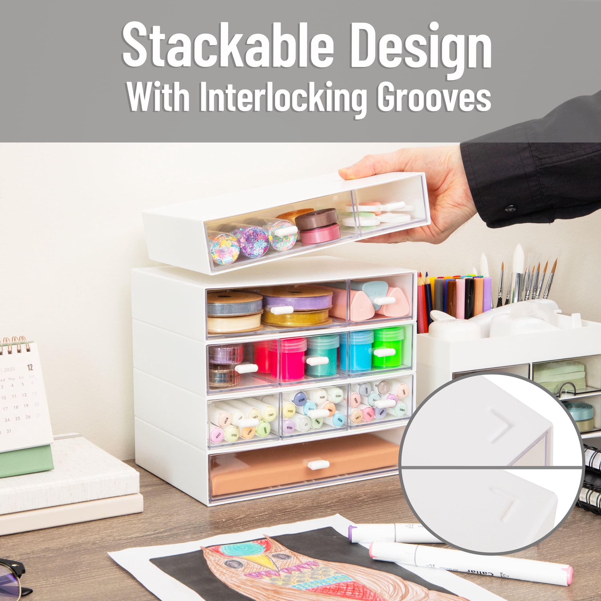 Mind Reader Stackable Craft Organizer with Drawers, Modular Storage Tower, Interlocking Design for Art Supplies, Plastic, Set of 5, White