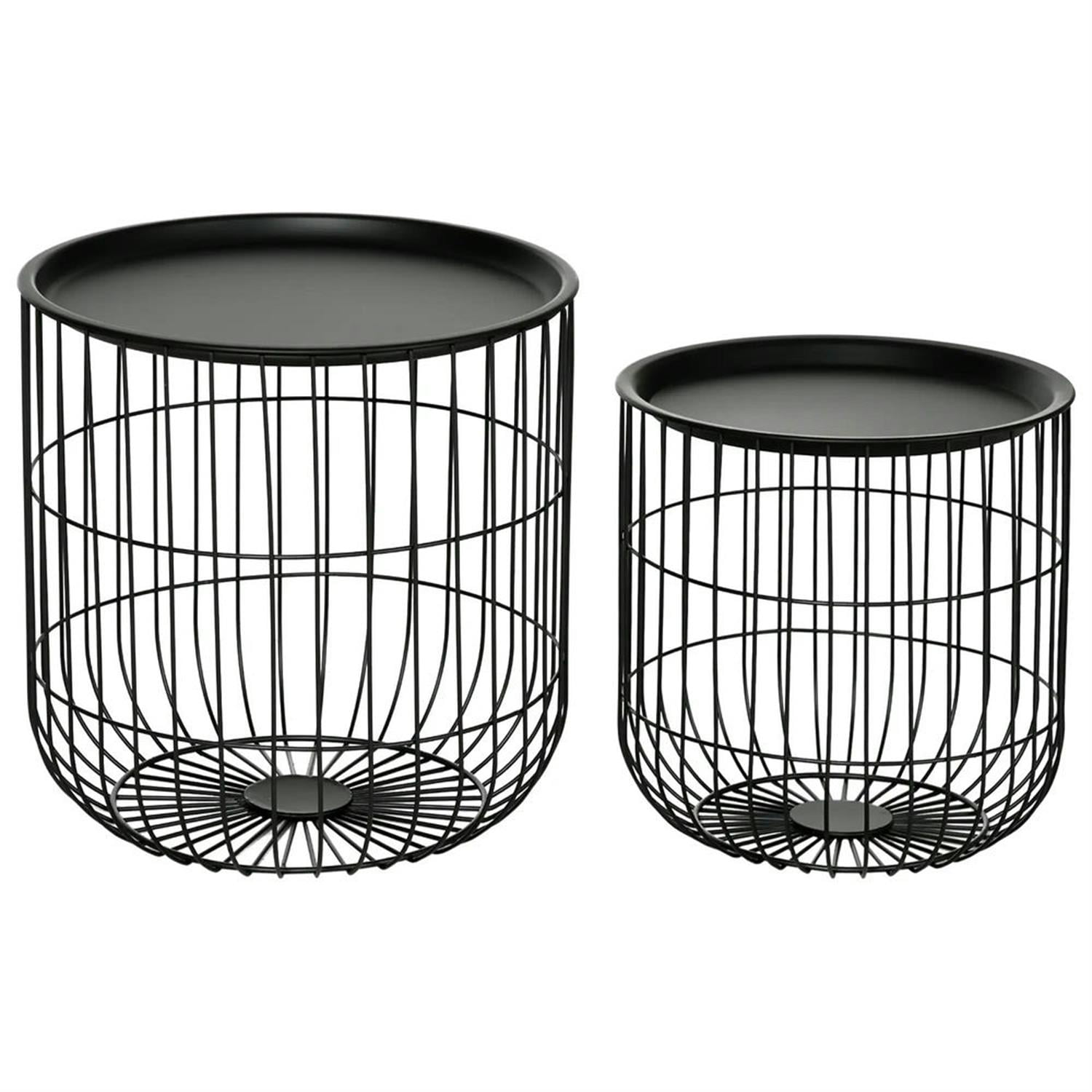 Demi Bonn 15" Nesting Coffee Tables with Steel Wire Basket & Removable Top, Living Room Home Decor for Patio and Garden, Black
