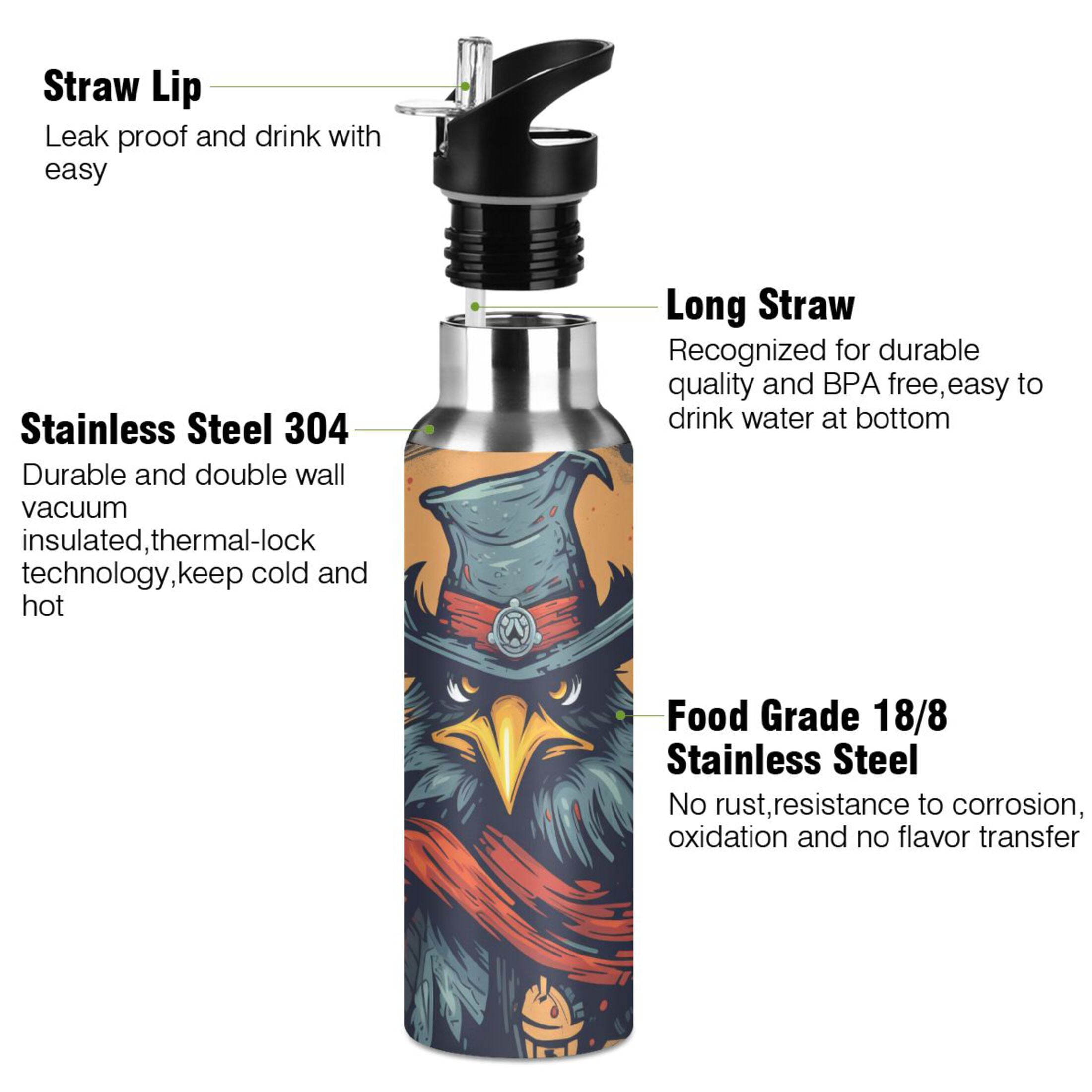 Eagle Hat Circle Sports Water Bottle with Straw Lid Insulated Stainless Steel Leak Proof BPA Free Thermal Mug with Handle for Gym Yoga Cycling Camping