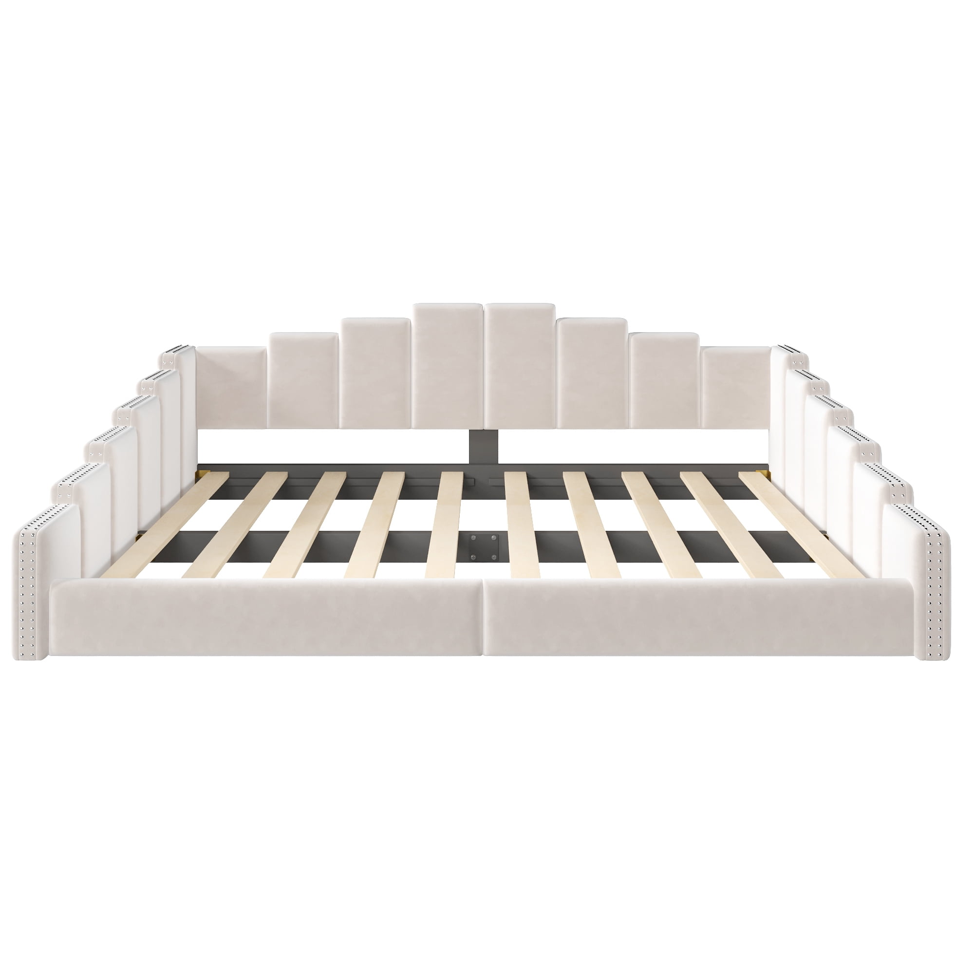 Euroco Upholstery Queen Size Daybed, Velvet Sofa Platform Bed with Nailhead Trim, No Box Spring Needed, Beige