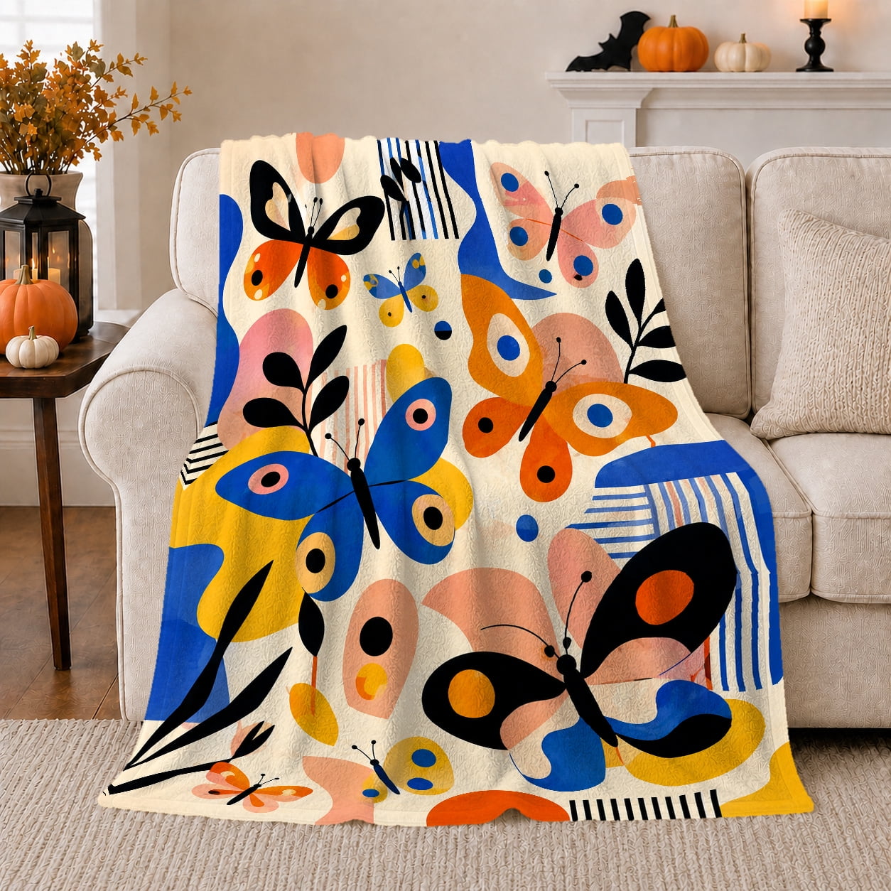 Midcentury Butterflies Stripes Sofa Whimsical Artistic Playful Artistic Scene Warm Flannel Blanket for Home Library and Reading Nook Art Lovers Thanksgiving Gift Artistic Home Decor