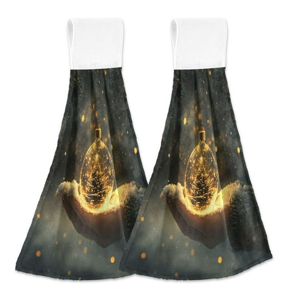 2 Pcs Kitchen Hand Towels with Hanging Loops Absorbent Soft Fast Drying Decor Bath Towels Christmas Tree Ball in Hand