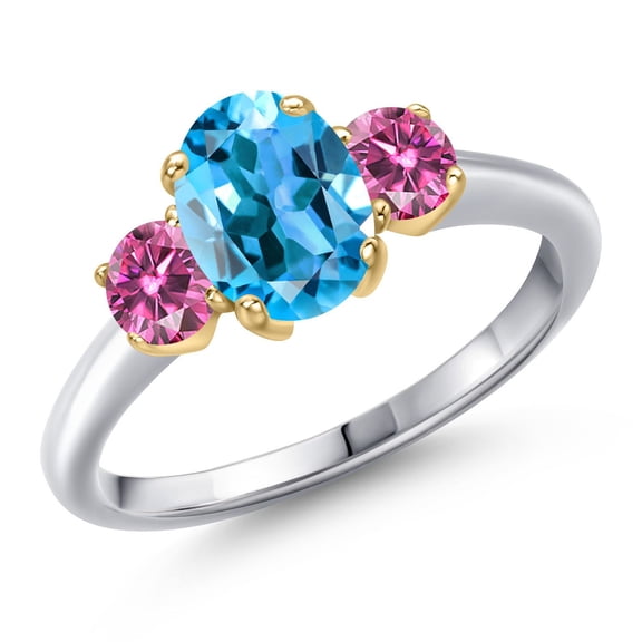 Gem Stone King 10K Two Tone Gold Swiss Blue Topaz and Pink Moissanite Engagement Ring for Women | 1.96 Cttw | Oval 8X6MM | Gemstone November Birthstone | Size 5