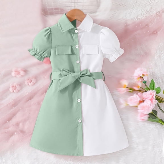 Button-Down Suit Dresses for Girls with Belt 4-9 Years Toddlers Kids Trendy Short Puffed Sleeve Collared Color-Block A-Line Mini Dress