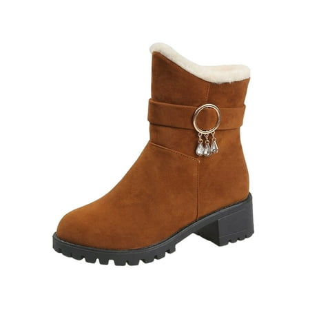 Sexlip Women s Winter Boots Suede Ankle Booties Warm Lined Chunky Heel Plush Shoes Buckle Decor Comfortable Slip on Snow Boots Brown 37