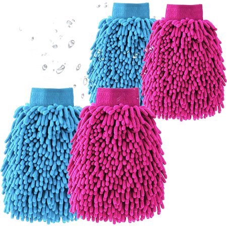 Car Cleaning,Car Wash Mitt Microfiber-4PK, Scratch & Lint Free, Premium Chenille Microfiber Wash Mitt-Blue and Red