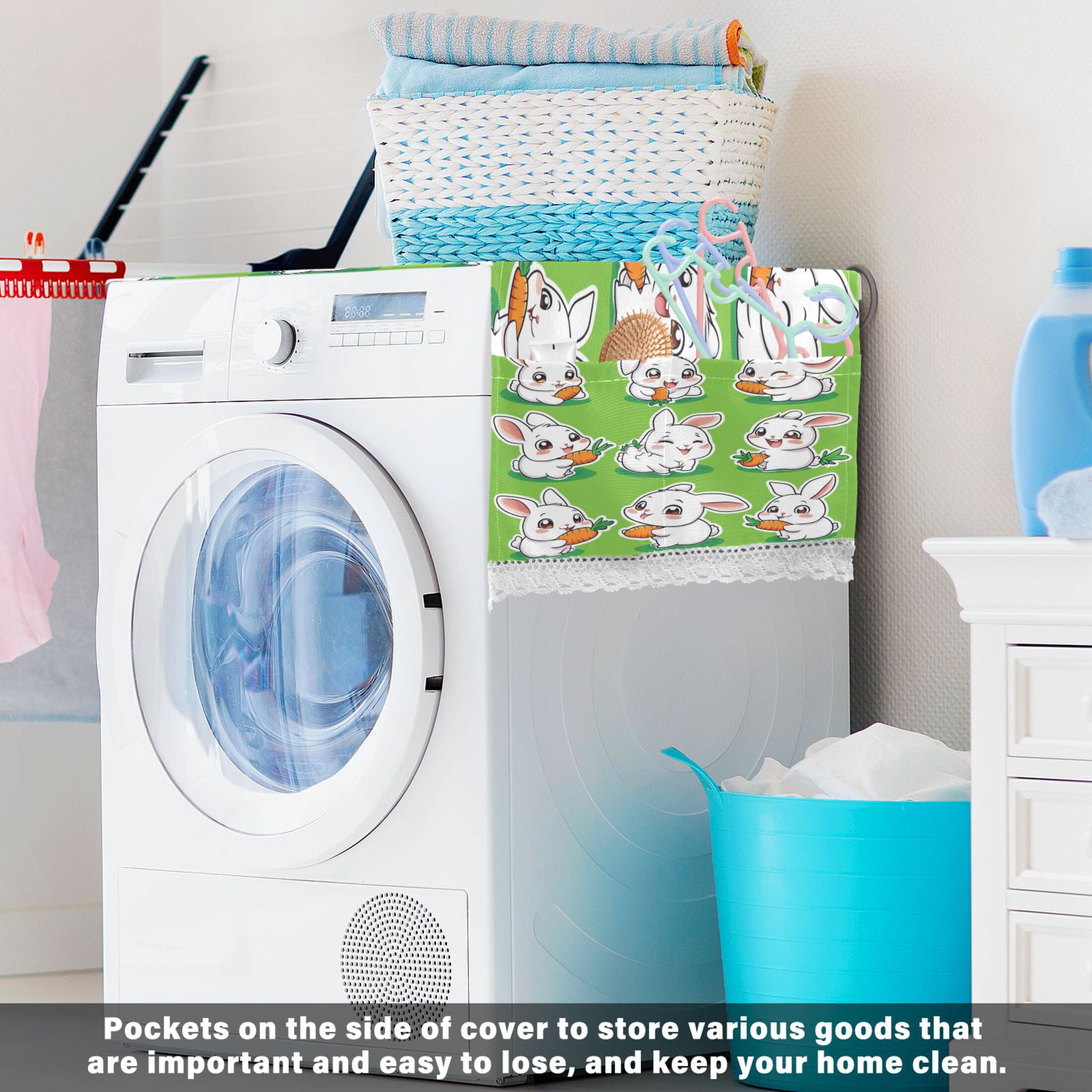WOBOGO Cute White Rabbits Eating Carrots Washing Machine Cloth Dryer Refrigerator Top Cover Protective Non-Slip Mat For Kitchen Laundry