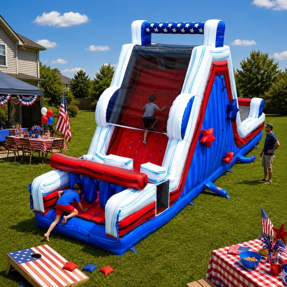 TentandTable Commercial Inflatable Slide and Rock Climbing Wall, Red. White and Blue Marble, 39'