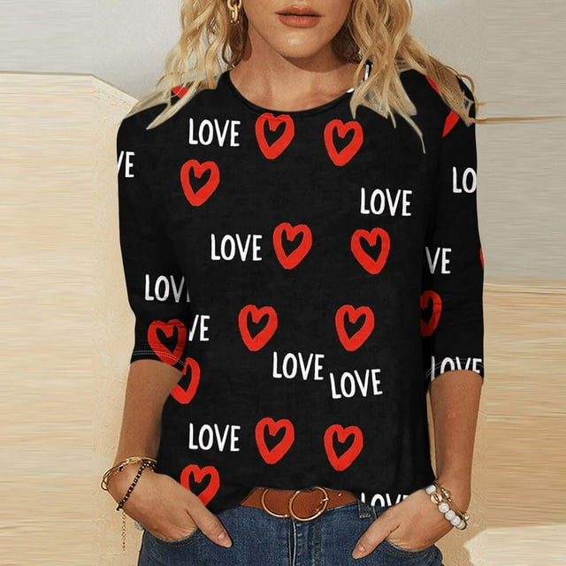 Xuyuer Valentines Day Lightweight Heart Pattern Tunic Spring Summer Shirts T-Shirts Graphic Tee Tops Womens Casual 3/4 Sleeve Shirts Dressy Round Neck Tops Fashion