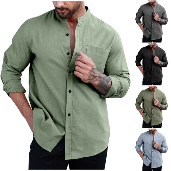 ZZwxWA Shirt for Men Long Sleeve Linen Long-Sleeved Casual Shirt Collarless Standing Collar Summer Top Fashion Shirts Festival Gift