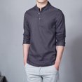 thumbnail image 2 of Qingpeng Men's Linen Long Sleeve Shirts Button Down Banded Collar Basic Casual Shirt Tops, 2 of 3