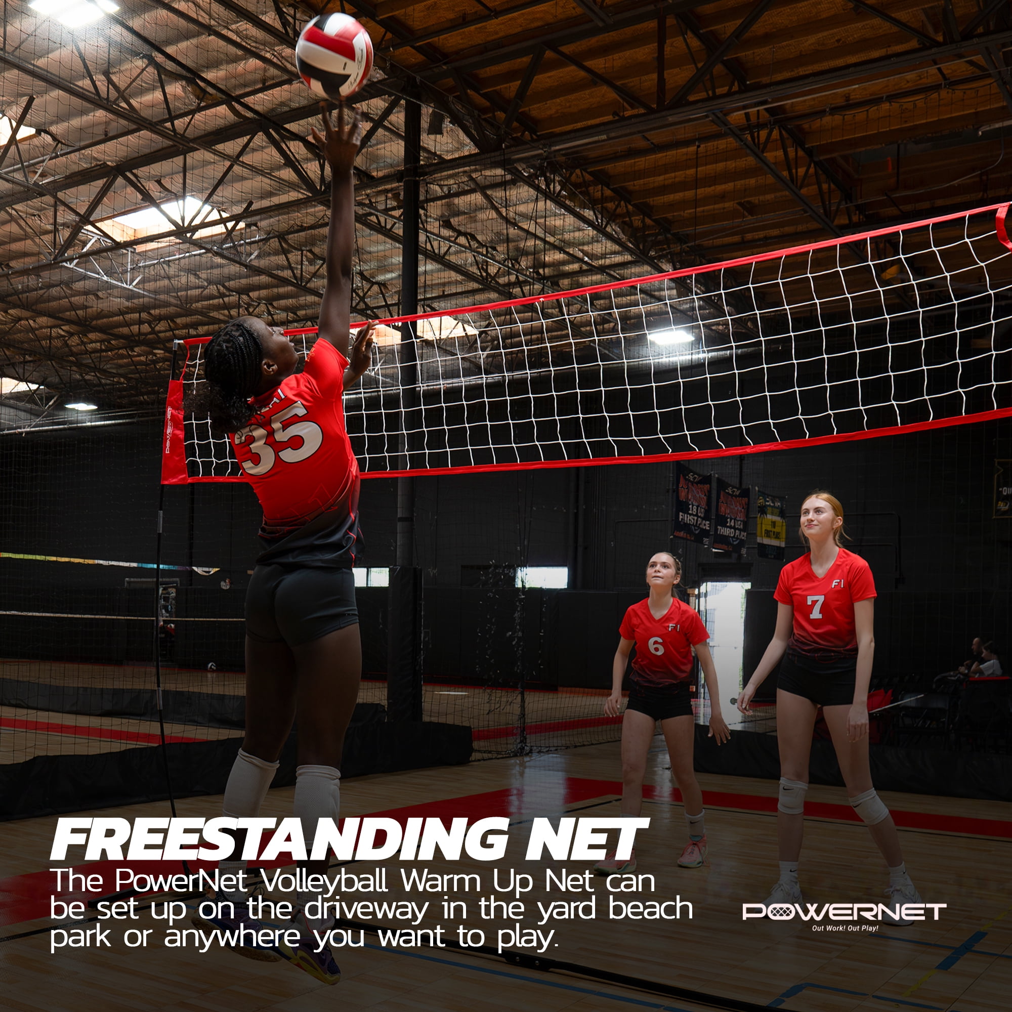 PowerNet Freestanding Volleyball Warm Up Net with Large Ball Bag Bundle | Portable Design for Indoor Or Outdoor Use | Foldable One Piece Quick Setup Frame | Great for Hitting Serving Drills