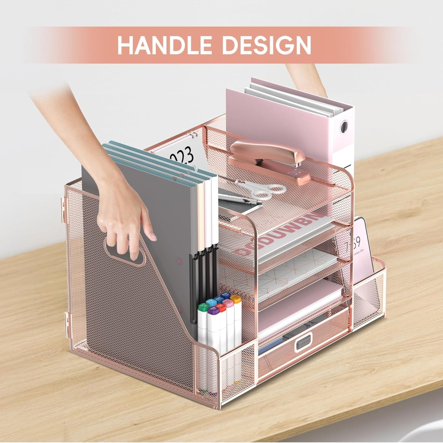 INTIGE 5-Tier Mesh Desk Organizer with File Holder, Paper Letter Tray Organizer with Magazine Holder, Rose Gold