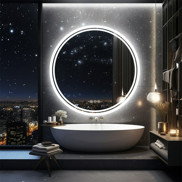 LUVODI MIROIR de Salle de Bain à DEL Éclairé: Miroir Rond 800 x 800 mm à Rétroéclairage Réglable Monté au Mur avec Coussinet Désembueur + Bouton Tactile Intelligent, Miroir de Maquillage pour s'Habiller et Se Raser