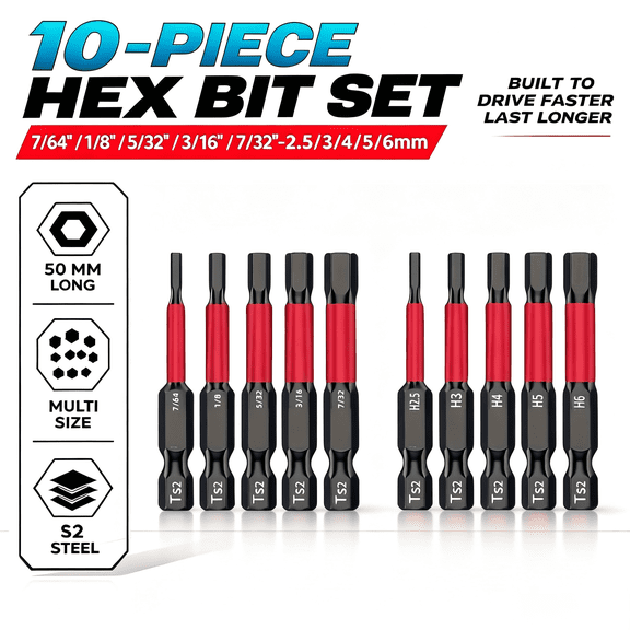 10 Pack S2 Steel Hex Allen Screwdriver Bits Set, 50mm Long 1/4" Hex Shank Magnetic Hex Bits, Metric & SAE Size for Impact Driver Drill
