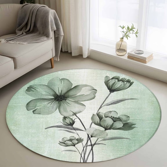 Round Rugs 3Ft, Green Floral Round Area Rug Washable Indoor Throw Carpet, Country Rustic Ombre Painting Art Watercolor Small Non Slip Circle Rug for Bedroom Living Room Home Decor Aesthetic