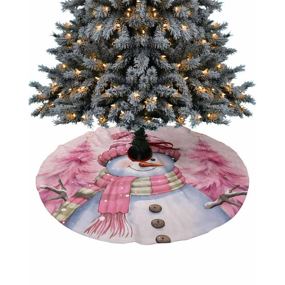 Pink Snowman Christmas Christmas Tree Skirt 48 Inches Large Christmas Skirt Tree, Xmas Tree Winter Snowflake Pink Tree Skirt Christmas Decorations for Fireplace Party Holidays Indoor Outdoor