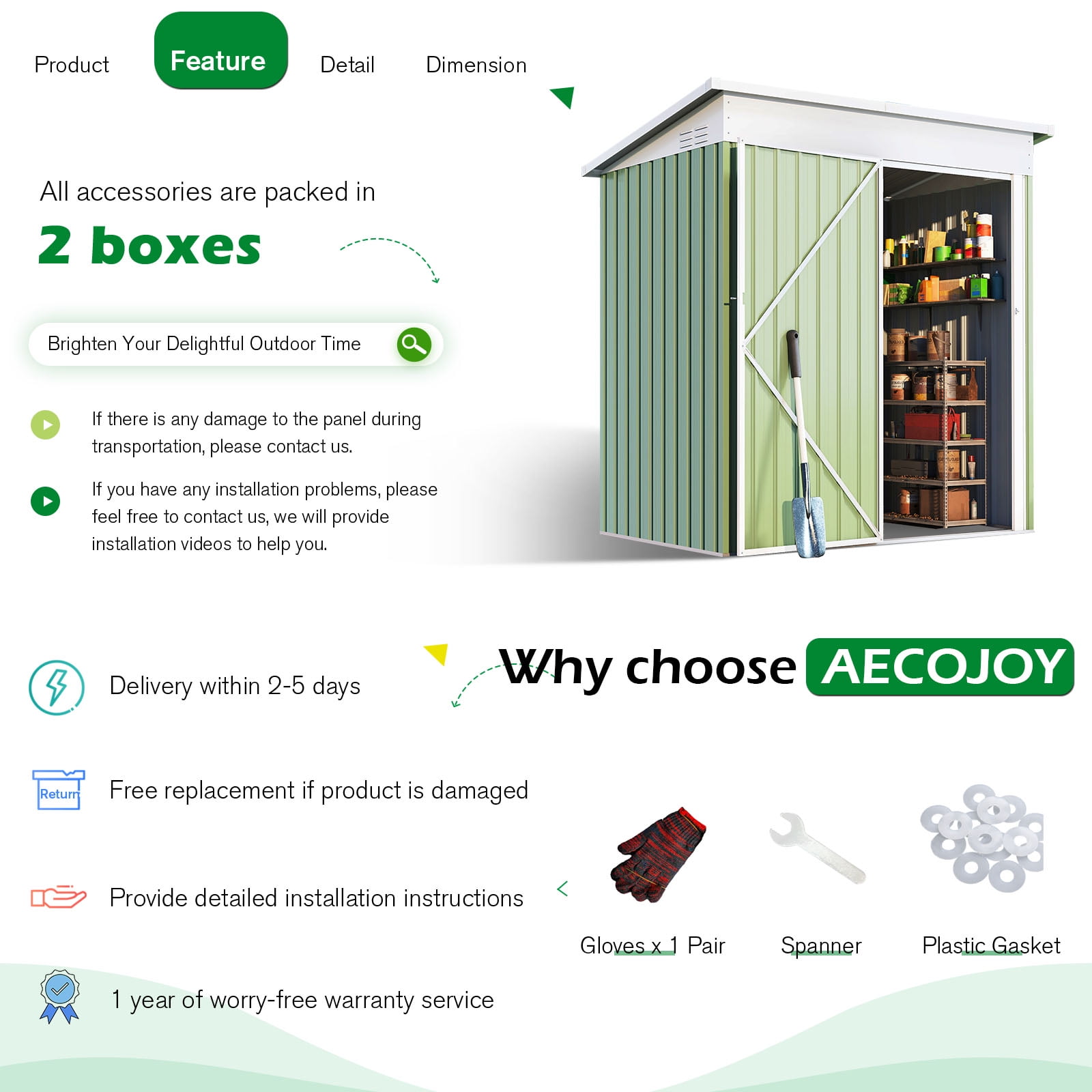 AECOJOY 5' x 3' Outdoor Metal Storage Shed with Lockable Door for Backyard in Green