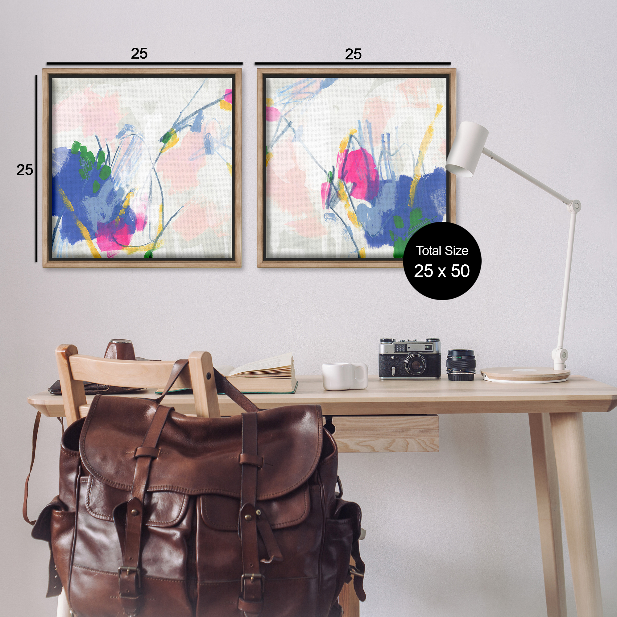 Stupell Industries Pink Blue Pop Abstract Abstract Painting Brown Floater Framed Canvas Art Print Wall Art, 25 x 25, Set of 2