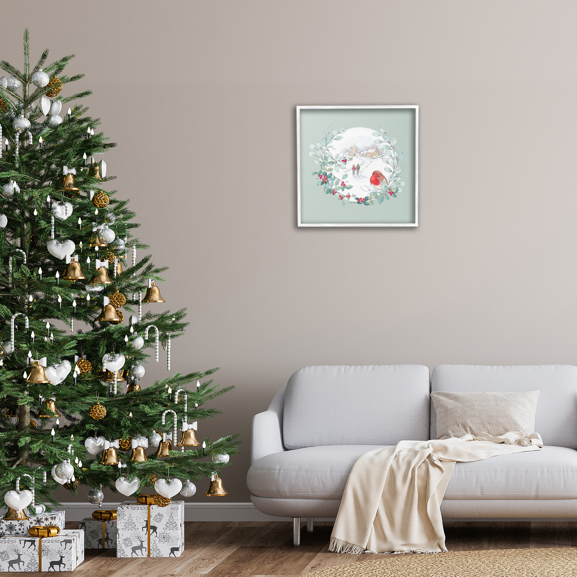 Stupell Industries Winter Scene with Border Holiday Painting White Framed Art Print Wall Art, 24 x 24