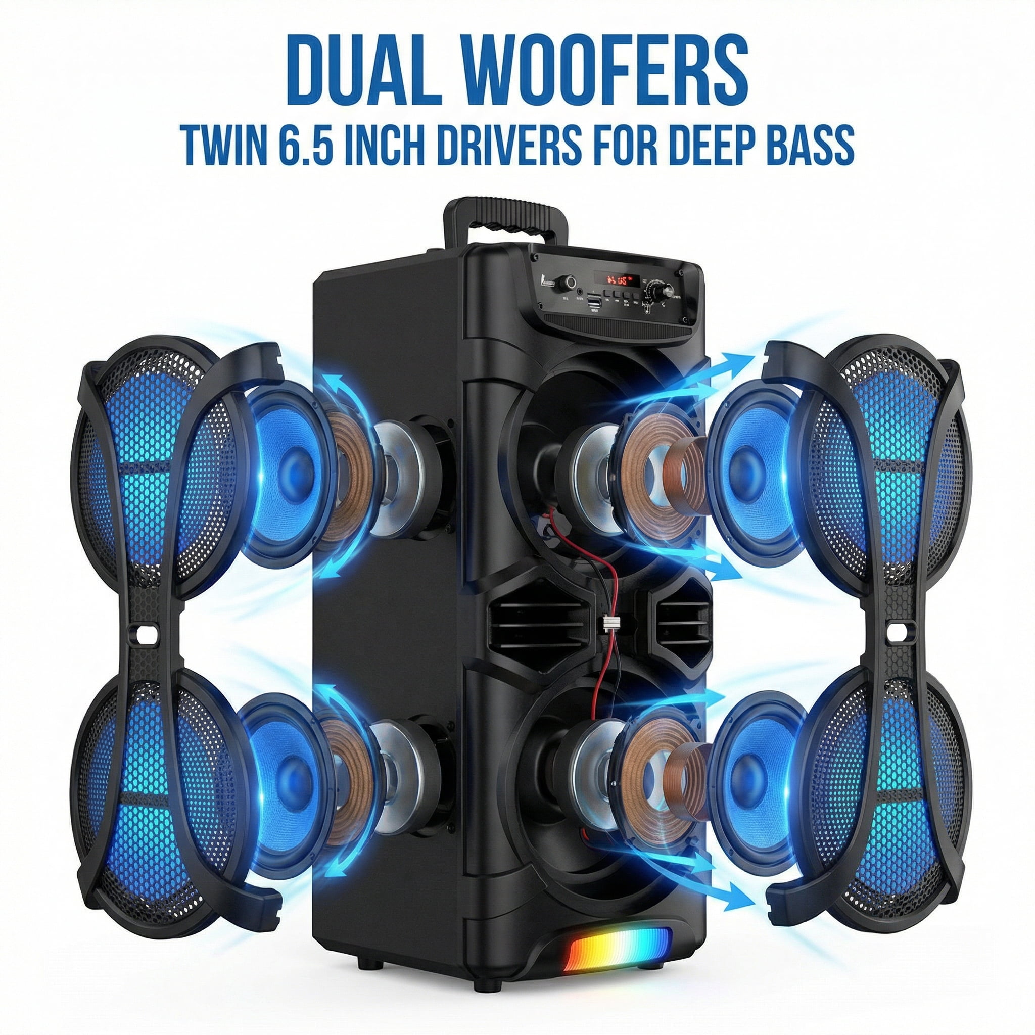 Dual 8" Portable Bluetooth Speaker Subwoofer Heavy Bass Sound PA System  AUX/FM/TWS/TF