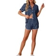 thumbnail image 2 of Pijamas de satén para mujer INSPIRE CHIC, conjuntos de lounge de 2 piezas con blusa de manga corta y pantalones cortos, color azul marino, 2 of 6