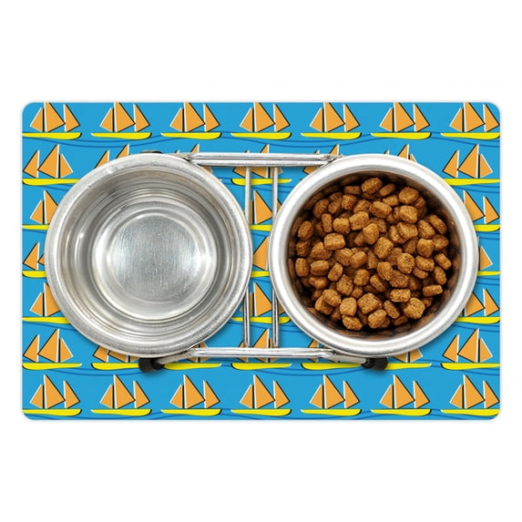 Adventure Pet Mat for Food and Water, Repetitive Pattern of Nautical Elements Sailboats Marine Lifestyle, Non-Slip Rubber Mat for Dogs and Cats, 18" X 12", by Ambesonne