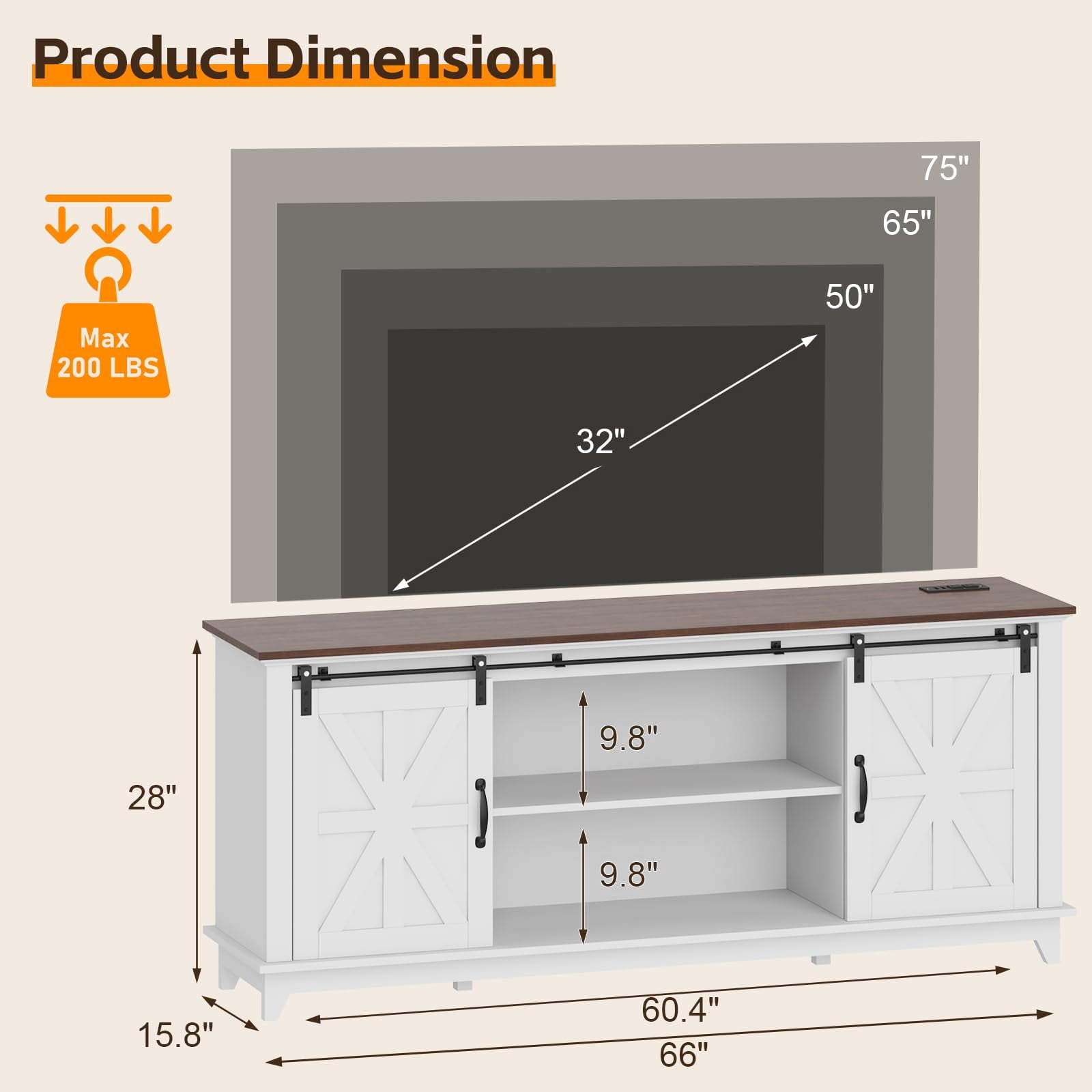 Accreate 66" Large Farmhouse TV Stand for TVs up to 75 Inches, Rustic Wood Entertainment Center with Barn Doors, Storage Cabinet, Adjustable Shelf, Charging Ports, Cable Management for Living Room