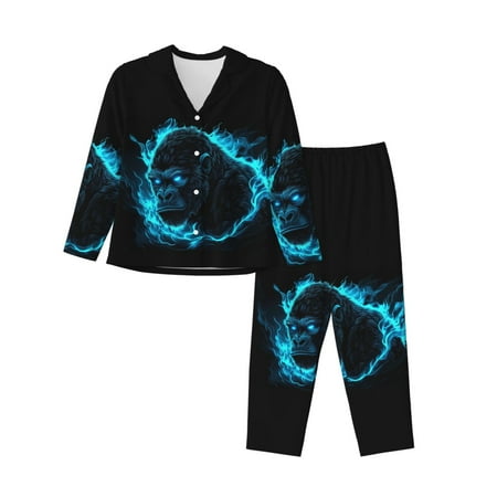 2 Piece Womens Pajama Sets - Black Gorilla Blue Flames Soft Sleepwear Comfy Pajamas Ladies Pj Lounge Sets with Pockets  Long Sleeve Button Shirt and Pajama Pants Pjs Sets for Women