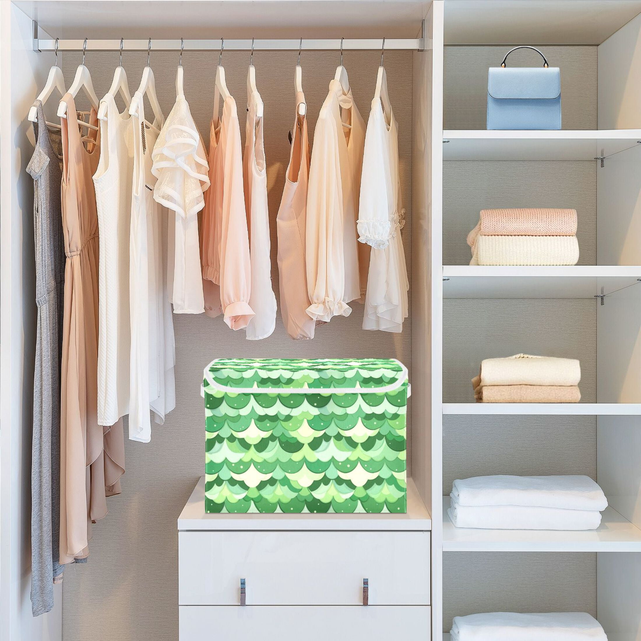 Cute Green Scale Picture Large Storage Bins with Linen Collapsible Lid Storage Box 16.7 x 12.6 x 11.8in