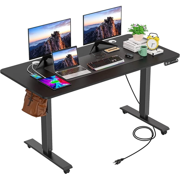 farexon Electric Standing Desk 55 x 24In with Charging Station Stand up Desk with Oversized Mouse Pad 2 USB Ports & 3 Power Outlets 4 Caster 4 Preset Heights Easy to Set 27'&