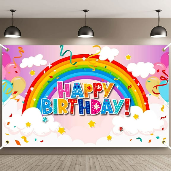 7x5FT Beautiful Rainbow Backdrops Happy Birthday Banner for Boys Girls Kids Baby Showers Party Decorations Indoor Outdoor Supplies