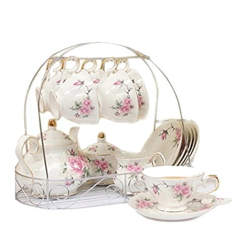 For Wedding Gift Bone China Ceramic Tea Sets With Saucer Silver Hand-Painted Flowers ufengke 15 Piece Silver Ornament Coffee Cup Sets 