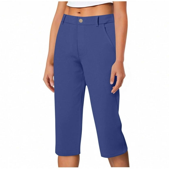 Olyvenn Stylish Work Pants for Women Summer High Waisted Stretchy Capris Dressy Casual Golf Capri Pants Pull On Slacks with Pockets Dark Blue S