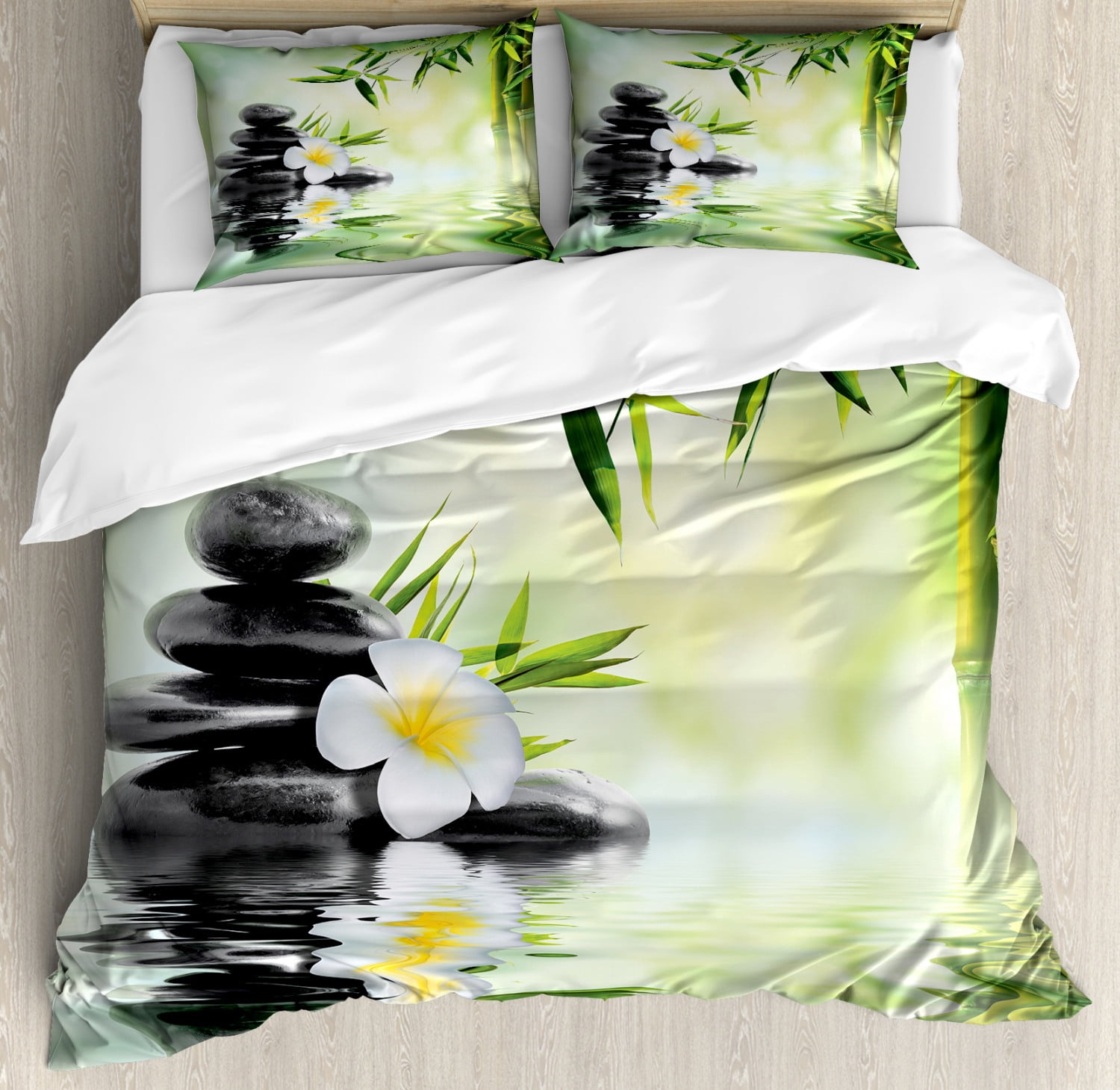 Spa Queen Size Duvet Cover Set, Garden with Frangipani Bamboo Japanese