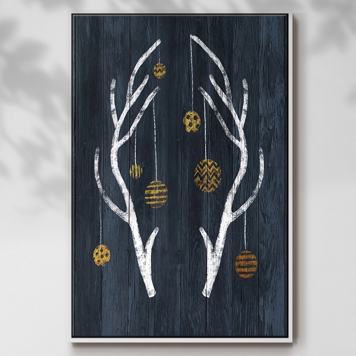 Antlers & Ornaments - Framed Gallery Wrapped Holiday Canvas - 27 x 41 - White Frame