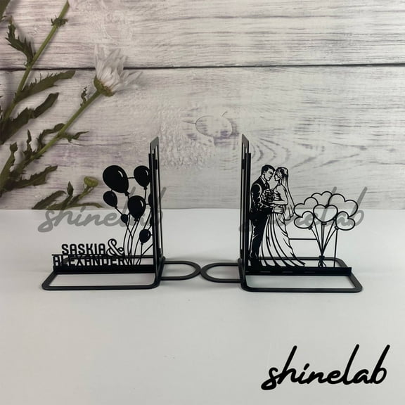 Shinelab Marriage Metal Bookend Groom and Bride Name Bookends, Wedding Table & Bookshelf Decor 5396