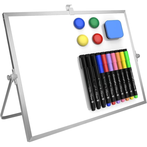 Dry Erase White Board, 16inX12in Large Desktop Whiteboard with Stand, 10 Markers, 4 , 1 Eraser, Portable Double-Sided White Board Easel for Memo Desk School