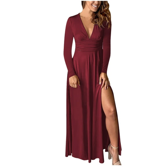 Long Sleeve Party Dress for Women Elegant Wedding Guest Evening Maxi Gown V Neck Pleated High Split Formal Dress (X-Large, Wine)