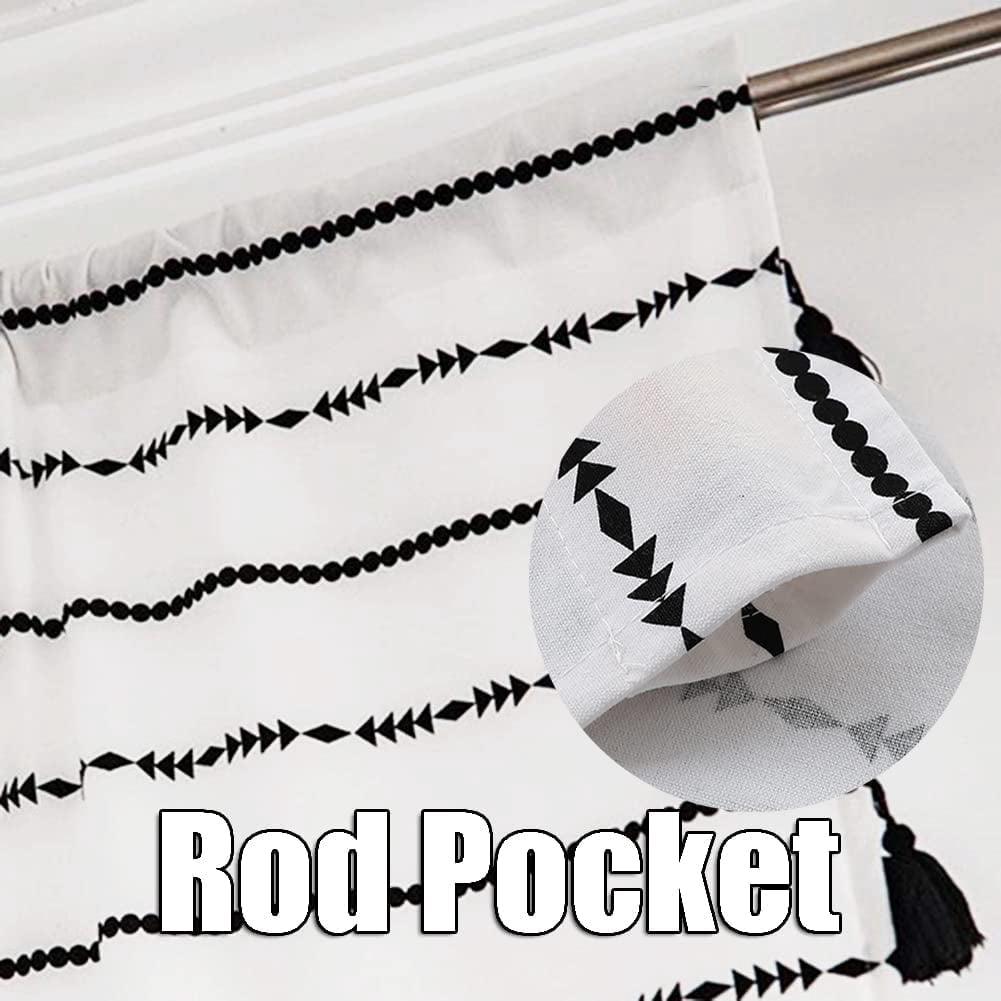 CHUNTIAN Rod Pocket Semi Blackout White Boho Decor Window Curtain with Tassels, Black Striped Geometric Pattern Bohemian Room Drape, Country Chic Cotton Linen Curtain for Bedroom, 52" x 63", 1 Panel