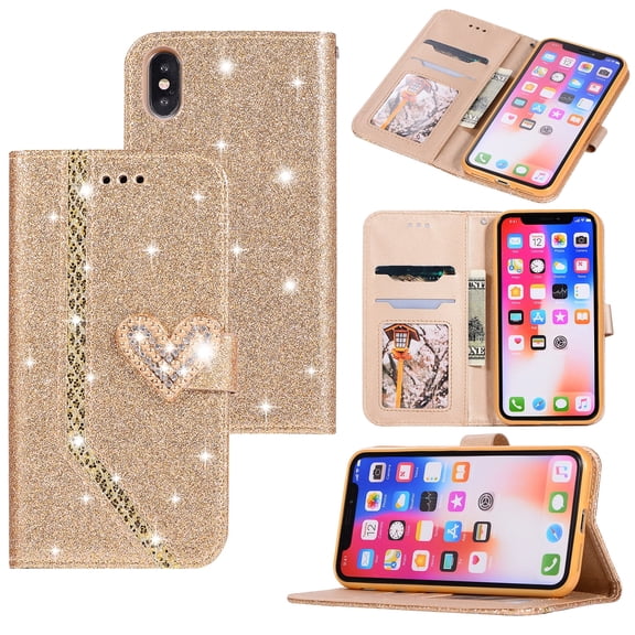 iPhone X Case, iPhone XS Case, Allytech PU Leather Glitter Diamond Embossed Shockproof Cards Pocket Folio Flip Protective Kickstand Lightweight Case Cover for Apple iPhone X, iPhone XS, Gold