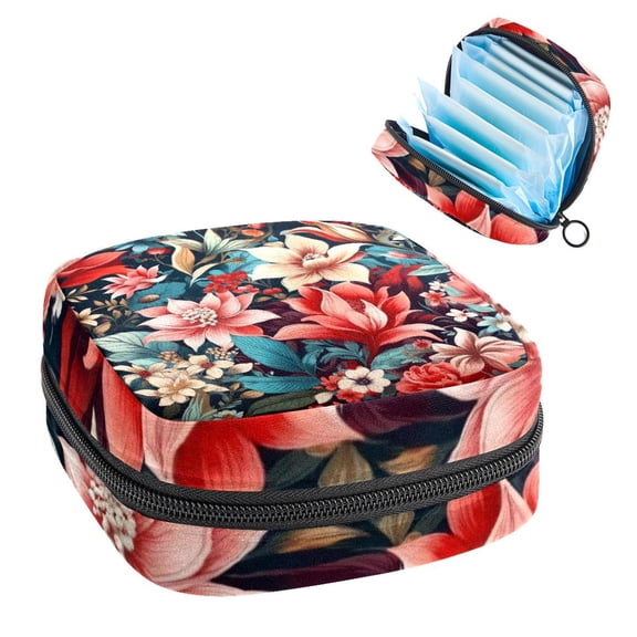 Sanitary Napkin Storage Bag for Girls Women, Portable First Period Pads Bag Tampons Holder Girls Travel Makeup Bag, Large Capacity Floral Pattern