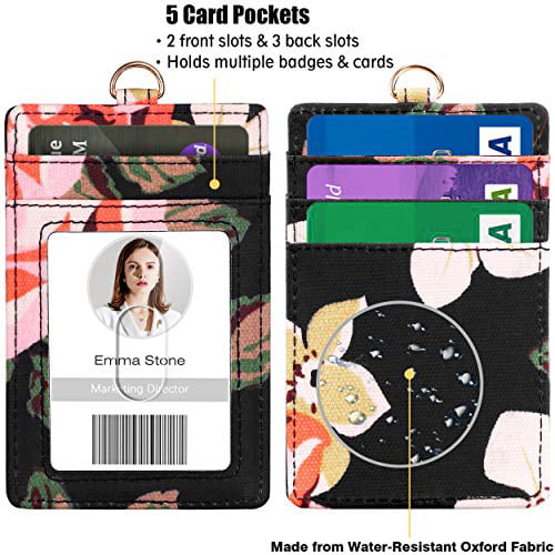 Floral Pattern 1 4 Credit Card Slots and a Detachable Neck Lanyard ID Badge Holder with Lanyard Vertical Flower ID Badge Card Holder with 1 Clear ID Window