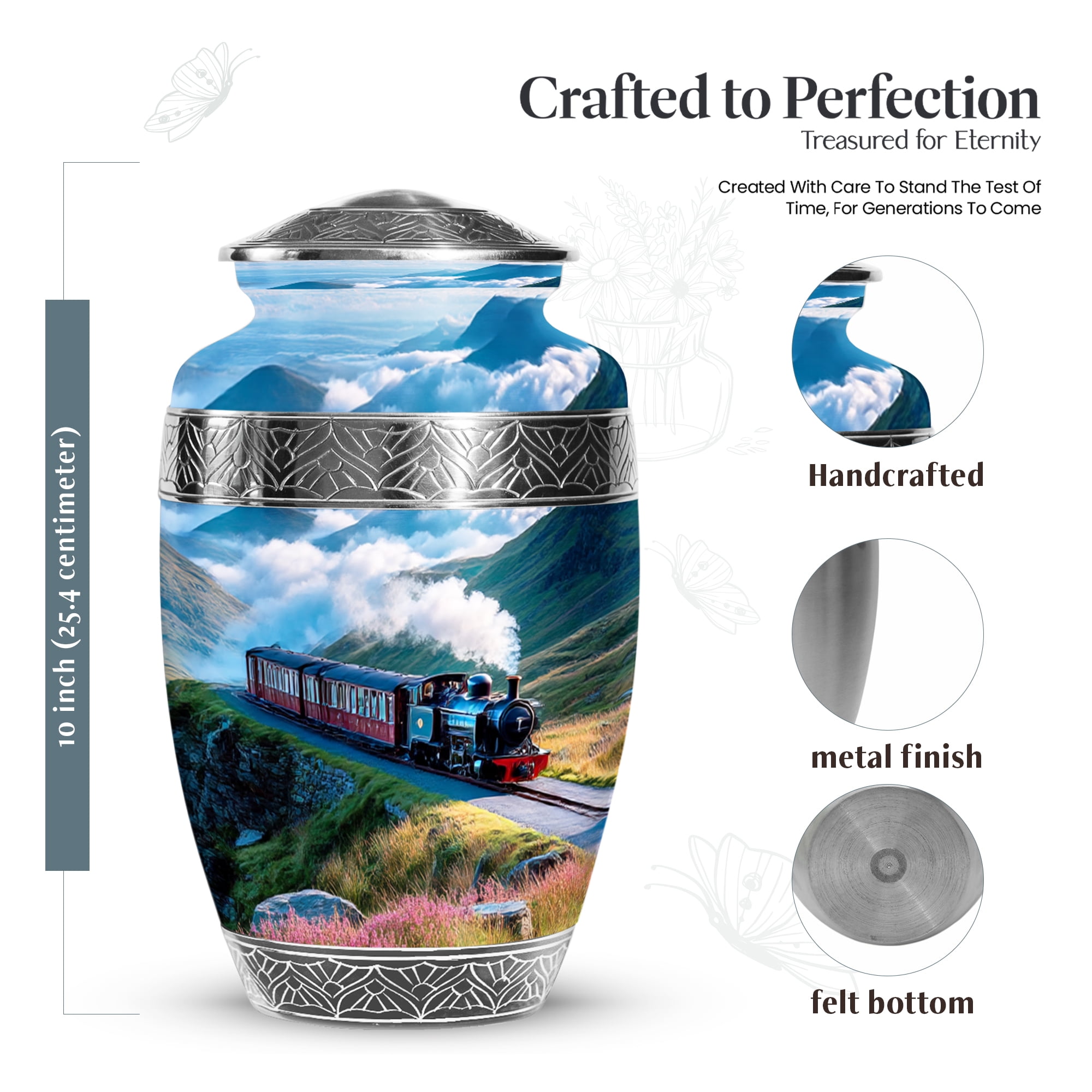 MUKTIVE Train Cremation Urns for Human Ashes Adult Female, Large Funeral Urns for Adult Male, Decorative Burial Urn for Father & Mother, Memorial Urn for Ashes for Men & Women, 10 Inch