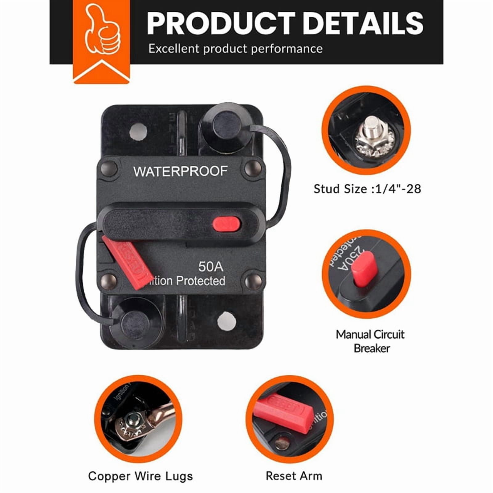 2X 50 Amp Automotive Circuit Breaker with Manual Reset, Waterproof Fuse Holder for Trolling Motors, Boats and Automotive
