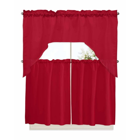 Red Solid, Kitchen Curtains Swag Valance and Tier Curtains Set 36 Inch Length, Pure Color Rod Pocket Drape Panels Pair Swag Curtains for Bathroom/Cafe/Window