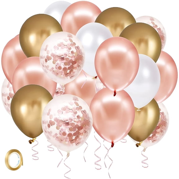 BESTSKY Rose Gold Confetti Latex Balloons,50 Pack White Gold Balloon 12 Inch Birthday Balloons with Gold Ribbon for Party Wedding Bridal Shower Decorations